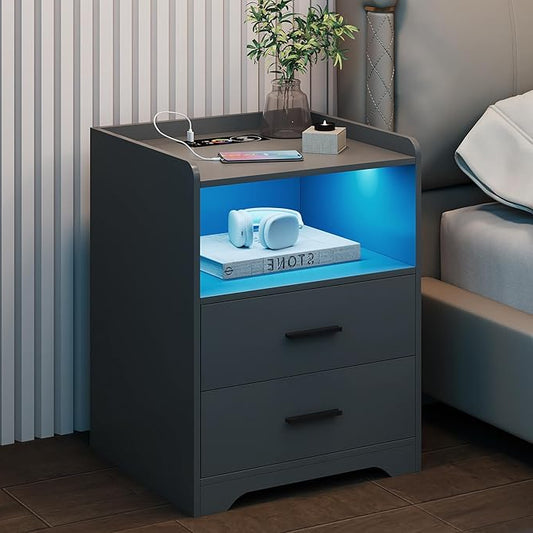 Nachtkast – Bedside Table – Nachtkastje – Bijzettafel – Lade Meubel – RGB Verlichting – Draadloos Oplaadstation – Grijs – MDF – 45x58x40 cm - QUORE