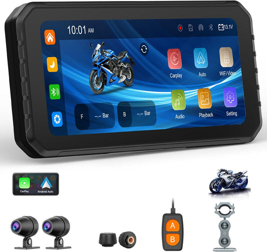 Spedal CL873 Motorfiets CarPlay met 1080p dubbele camera's, 6,25 inch draadloos CarPlay & Android Auto waterdicht scherm, ondersteuning Dual Bluetooth, Auto GPS, Siri, Assistent