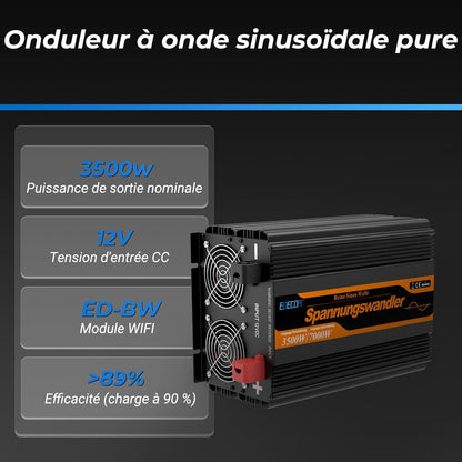 EDECOA 12 V 230 V omvormer, 3500 W/7000 W, 12 V naar 230 V, zuivere sinusgolf, omvormer met wifi-module, ondersteuning voor app-functies met 1 USB-poort en 1 PD-aansluiting
