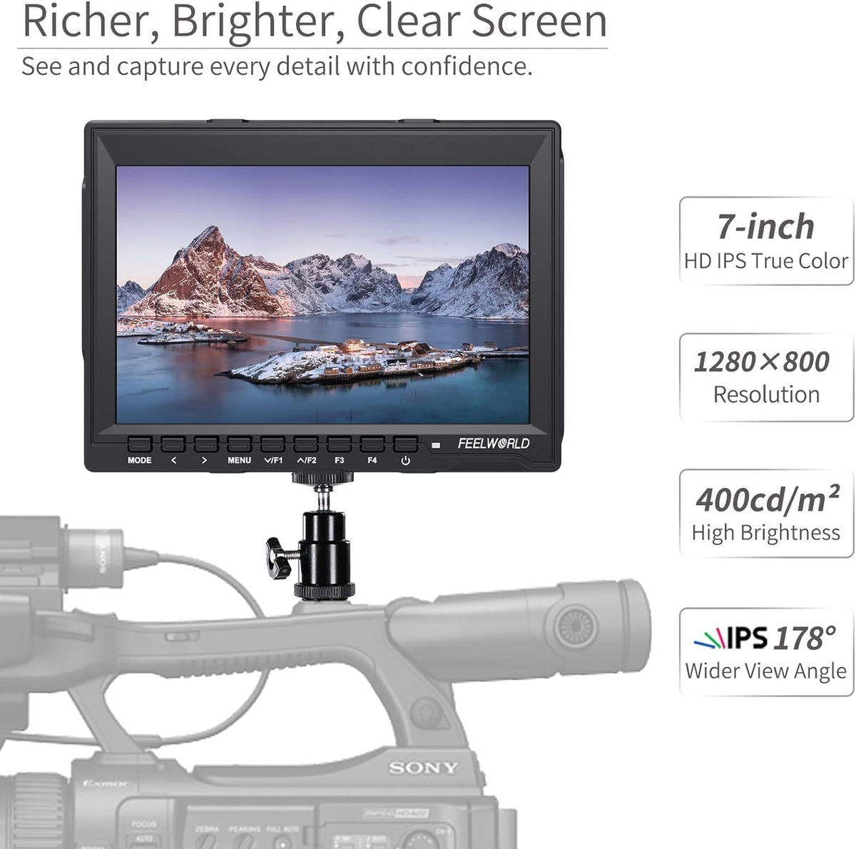 FEELWORLD FW759 7 Inch DSLR Camera Monitor with 1280x800 IPS,4 HDMI Inputs/Outputs,Video Peaking Focus Assist,178° Wide Angle - QUORE