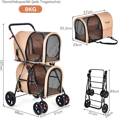 FANTASK Hondenwagen met 2 etages met gaasvensters en bekerhouders, huisdierbuggy tot 16 kg, kattenbuggy voor 2 kleine honden katten, hondenbuggy en aanhanger in beige