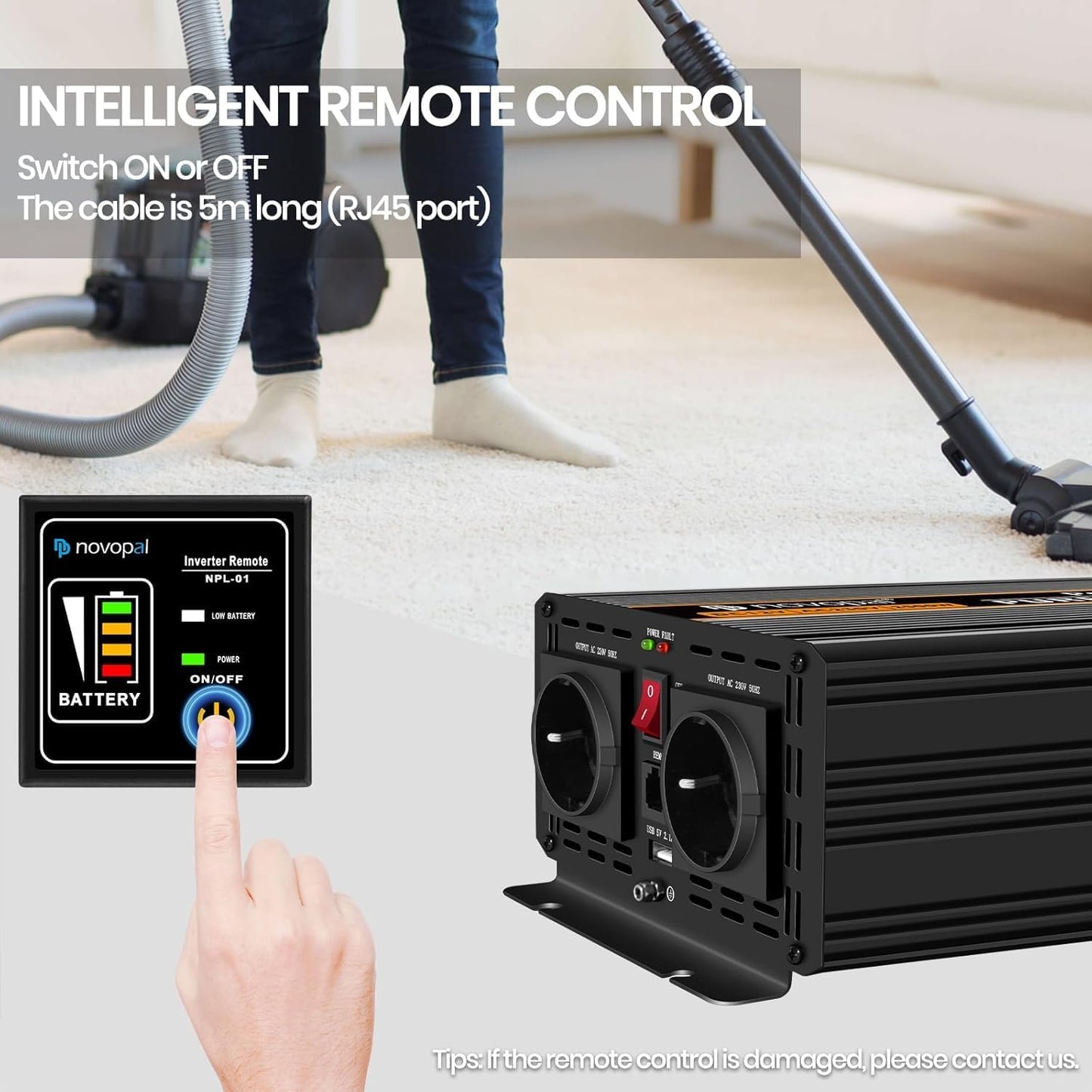NOVOPAL 2500 W omvormer, zuivere sinus, DC 24 V naar AC 220 V/230 V, omvormer met lcd-display en afstandsbediening, piekvermogen 5000 W, spanningstransformator