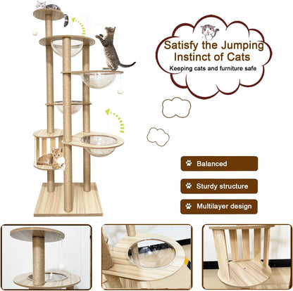 Mdpetpops Kattenkrabpaal, 183 cm, groot, met 4 capsules, jute krabzuil, ladder, hol, kattenspeelgoed, kattenkrabpaal. (houtkleur YN-105)