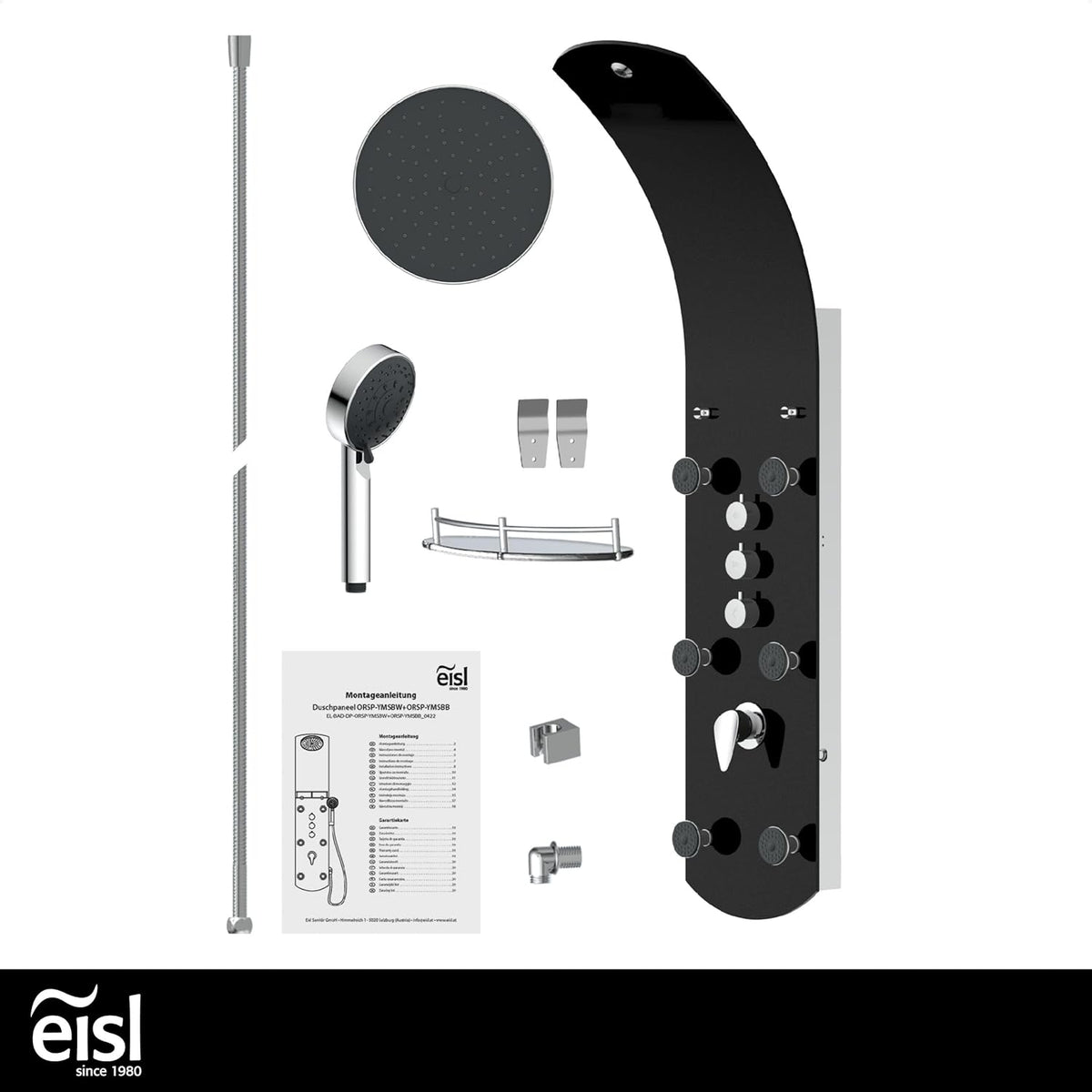 EISL ORSP-YMSBB Caribisch douchepaneel, wellnessdouche 3-in-1 met regendouche, zes massagejets en handdouche, douchearmatuur, eenvoudig te monteren, doucheset van veiligheidsglas, zwart