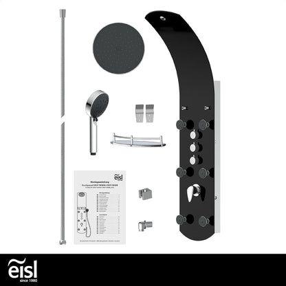 EISL ORSP-YMSBB Caribisch douchepaneel, wellnessdouche 3-in-1 met regendouche, zes massagejets en handdouche, douchearmatuur, eenvoudig te monteren, doucheset van veiligheidsglas, zwart
