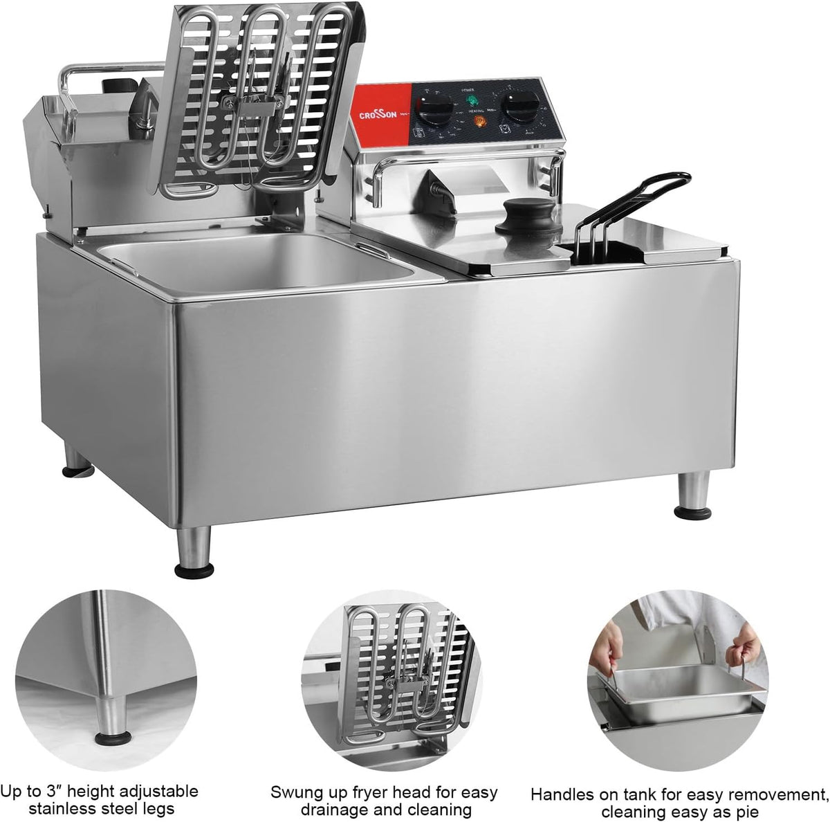 CROSSON Commerciële Friteuse 16L,230V/6500W Elektrische Friteuse met Dubbele Tank, Temperatuurregeling 80-200°C,Snel opwarmen,voor Keuken,Restaurant