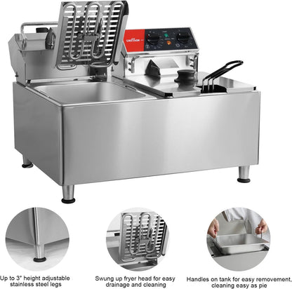 CROSSON Commerciële Friteuse 16L,230V/6500W Elektrische Friteuse met Dubbele Tank, Temperatuurregeling 80-200°C,Snel opwarmen,voor Keuken,Restaurant