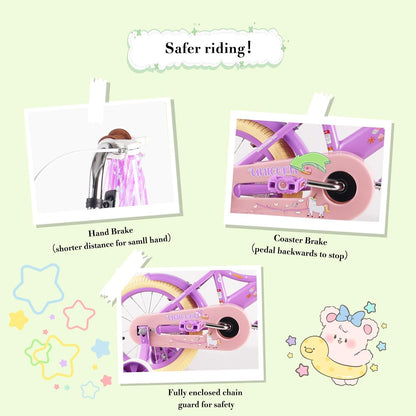 RULLY 16 inch kinderfiets voor meisjes van 4, 5, 6, 7 jaar, met steunwielen en handrem voor, kinderfiets met mand, fiets, streamer, peuterfiets, paars