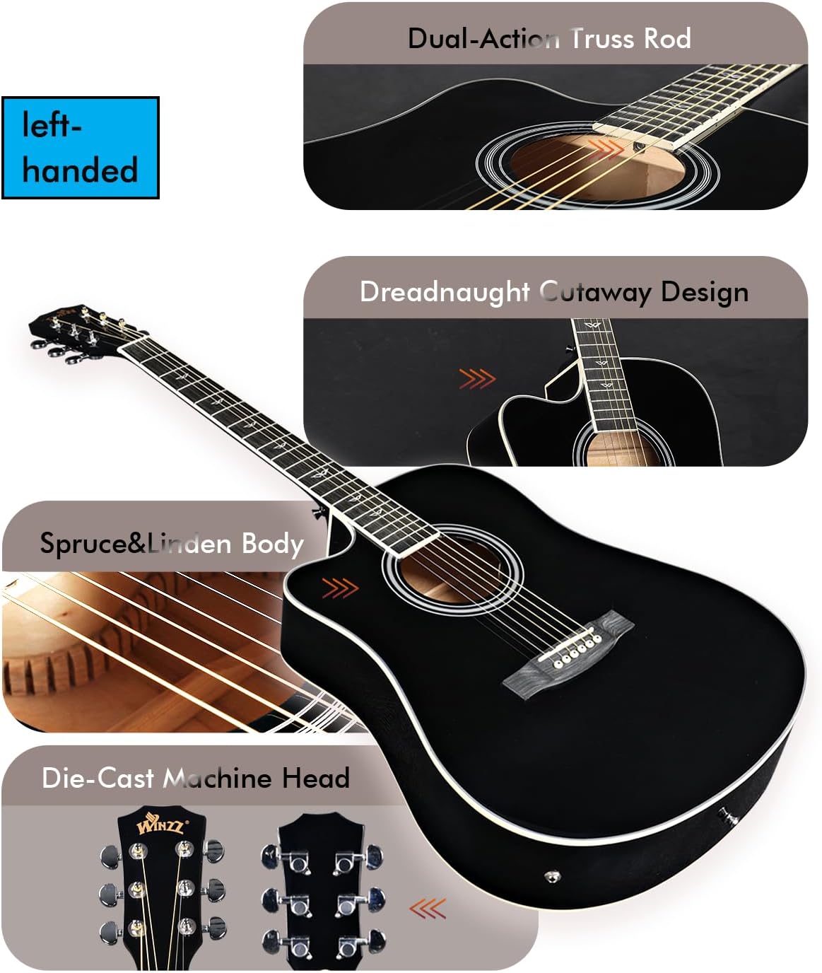 Winzz Elektro-akoestische gitaar voor volwassenen, 4/4 full-size beginnersgitaar folk voor kinderen vanaf 12 jaar (linkshandig, zwart)