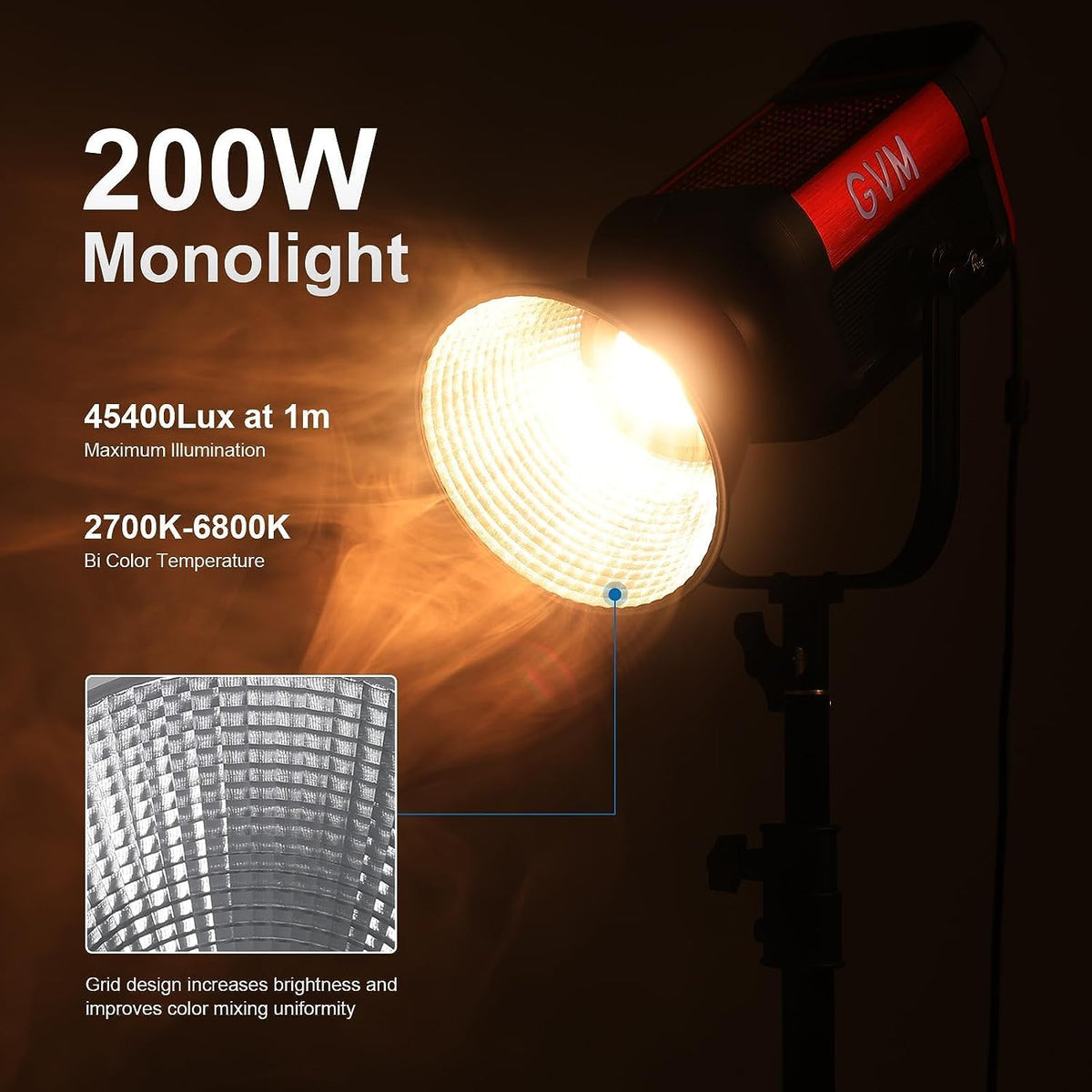 GVM Led-videolamp met softbox, 200 W, Bowens continu licht, 2700K-6800K COB studiolicht, videolicht voor video, YouTube, fotolicht, filmstudioset, 45400lux/1m, CRI97+ DMX/APP-besturing