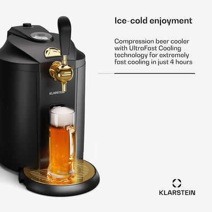 KLARSTEIN Beerkules Bierdispenser - 5 liter vaatcompatibiliteit, ultrasnelle koeling, instelbare temperatuur, CO2-cartridgesysteem, LCD-display, zwart-goud - perfecte biermachine voor thuisbars
