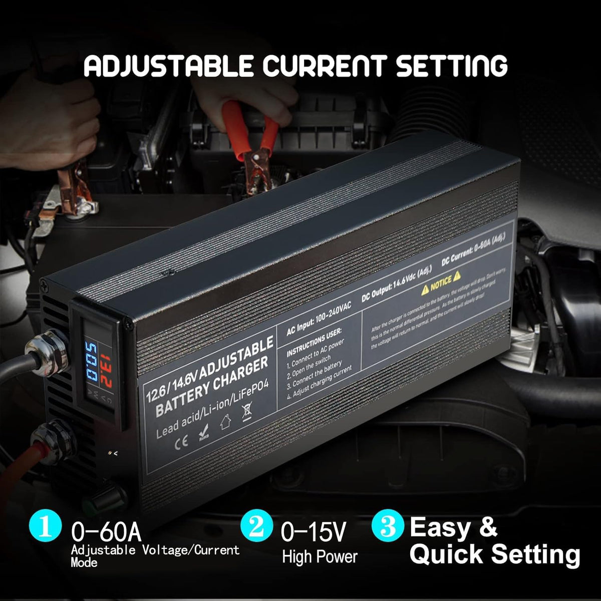 Instelbare LifePO4-Acculader – Lithium Acculader – Batterijlader – 12V Oplader – LiFePO4 Lader – Snel Opladen Tot 60A – Beveiligd Tegen Oververhitting en Overspanning