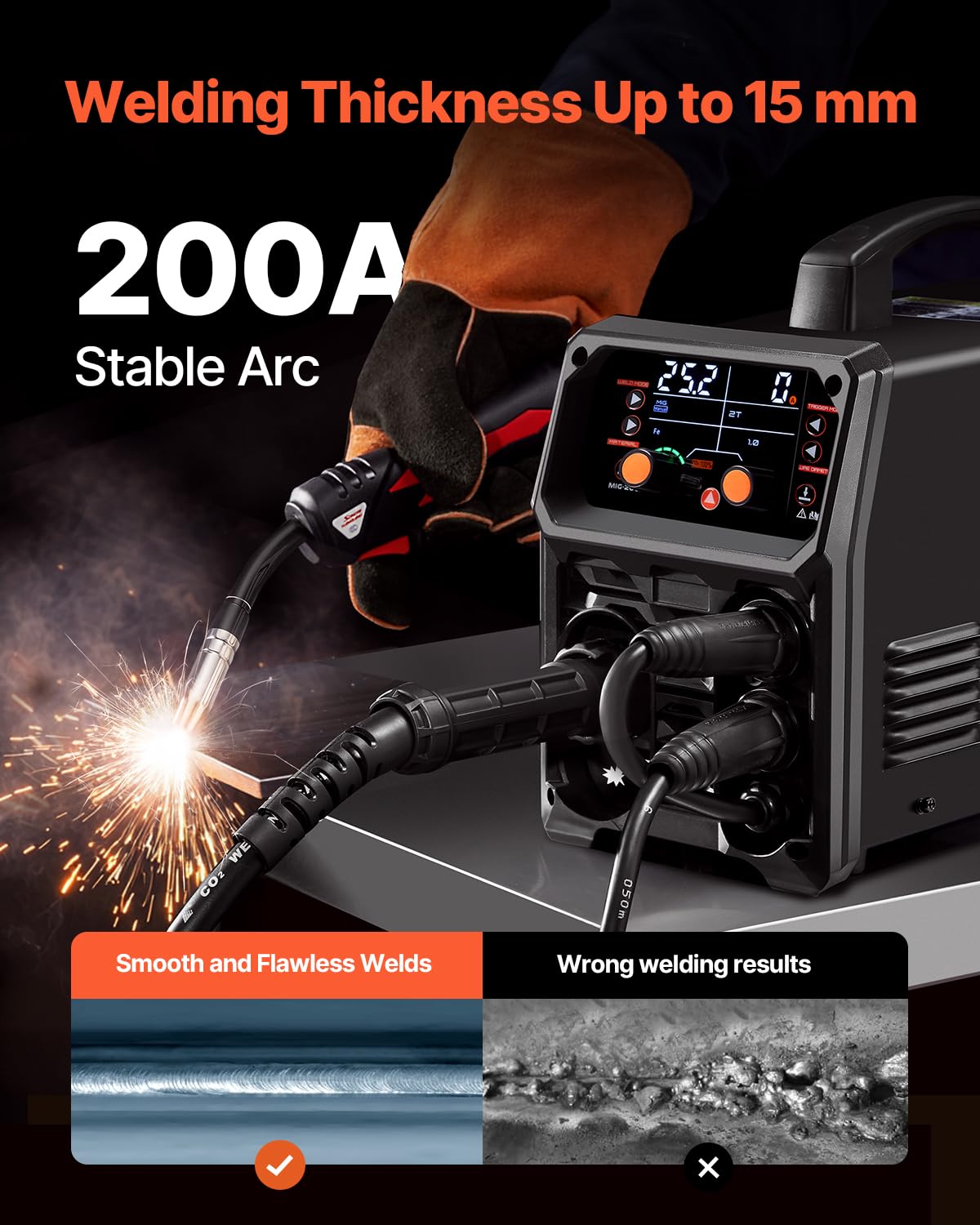 VEVOR MIG Soldering Station, 200A, Syergetic Welding Machine, Portable Multi-Process, MIG, Gas Free, MMA Lift TIG, 4-in-1, Powerful Welder with IGBT Inverter Technology, LCD Display