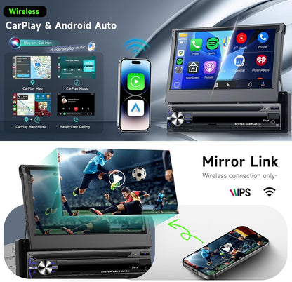 Hodozzy 4G + 64G Android autoradio 1 DIN met CarPlay, draadloos, Android, auto, HD-touchscreen, 17,8 cm (7 inch), intrekbaar display met Bluetooth, GPS, WLAN, Mirrorlink FM/RDS, radio USB/AUX camera