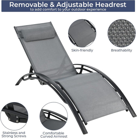 Ligstoel - Tuinligstoel - Ligbed - Ligbeddenset - met Bijzettafel - Kussens - Stapelbare - Verstelbaar -  Weerbestendig - voor Tuin - Zwembad - Strand - Aluminium - 64 x 153 x 83.5 cm Ligstoel - 46 x 35 x 28.3 cm - Grijs