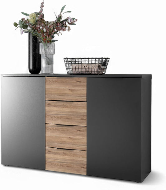 Dressoir – Commode – Kast – Opbergmeubel – Ladenkast – Modern Design – Royale Opbergruimte – 135x89x40 cm – Grafiet & Mauvella Eiken Look