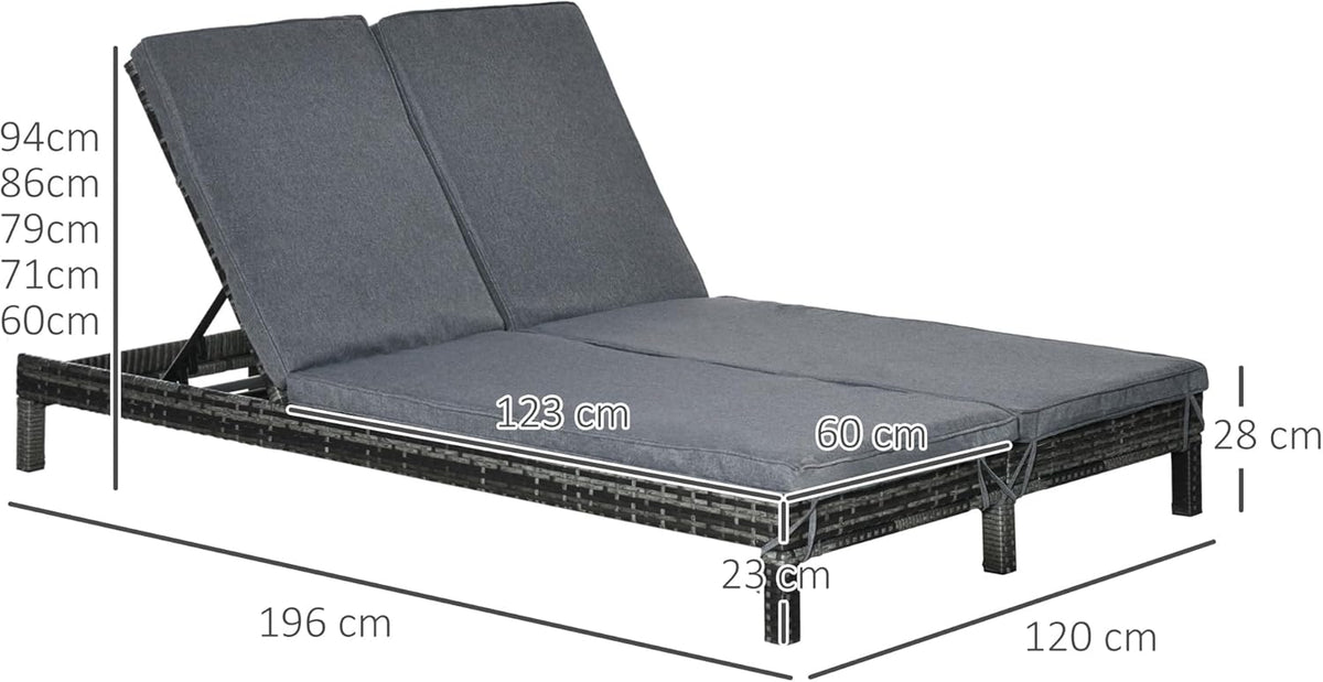 Outsunny Outdoor Lounger, Double Lounger Relax Sofa for 2 Persons, Luxury Lounge Set, Backrest with 5 Positions, Metal, PE Rattan, Grey, 195 x 120 x 28 cm - QUORE