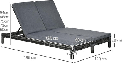 Outsunny Outdoor Lounger, Double Lounger Relax Sofa for 2 Persons, Luxury Lounge Set, Backrest with 5 Positions, Metal, PE Rattan, Grey, 195 x 120 x 28 cm - QUORE