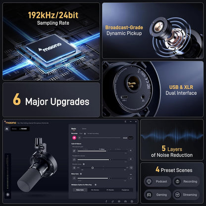 MAONO PD300X Podcast Microfoon- XLR/USB Mic met ruisonderdrukking, 192kHz/24Bit Hi-Fi Audio, Mute-knop, Link Software. Voor podcasting, streaming, studio-opname