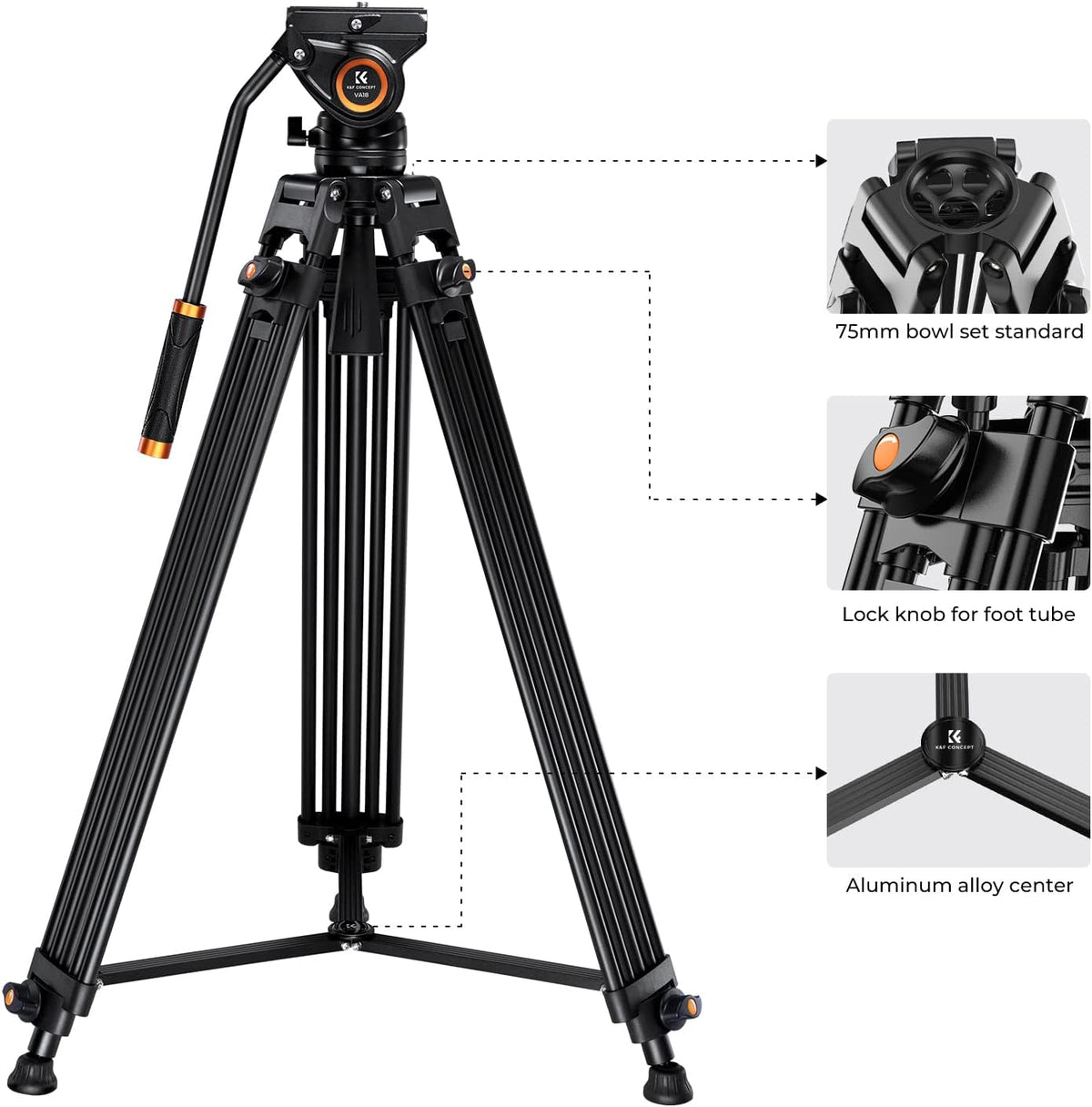 K&F Concept Video Statief Systeem, 184cm Heavy Duty Statief met 360° Fluid Head, Professionele Aluminium Statief met Quick Release Plate voor DSLR, Camcorder, Camera's, Maximale Belasting 8KG.