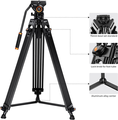 K&F Concept Video Statief Systeem, 184cm Heavy Duty Statief met 360° Fluid Head, Professionele Aluminium Statief met Quick Release Plate voor DSLR, Camcorder, Camera's, Maximale Belasting 8KG.