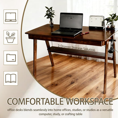 Massief Houten Bureau, Mid-Century Modern Design, Met 2 Lades en Onderplank, Ideaal voor Thuiskantoor (Okkernoot, 120 * 60)