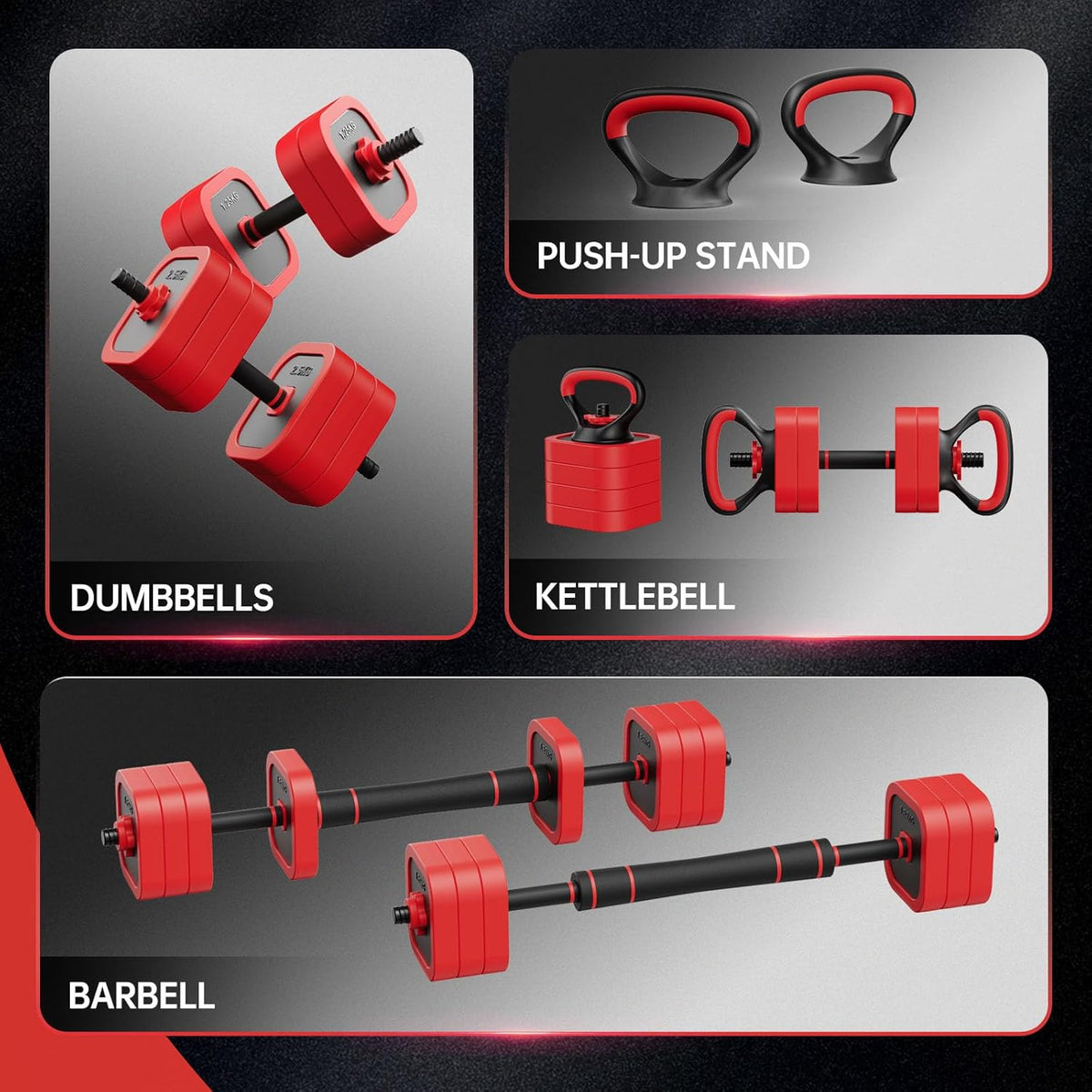 JOROTO 10KG/30KG Verstelbare Dumbbell Set 4-in-1-Dumbbells, Barbell, Kettlebell & Push-Up Stand met 8x1,25KG + 8x2,5KG IJzerzand Platen, Antislip Greep, Compact voor Thuisgym, Krachttraining & Fitness