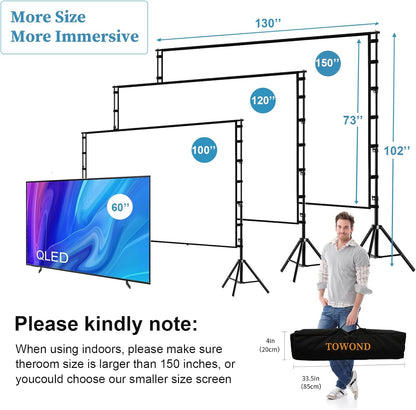 Projectiescherm en standaard, Towond 150 inch buitenprojectiescherm Draagbaar 16:9 HD Achter Voor Tuin Filmscherm met Draagtas Kreukvrij Verdikte Beugels Ontwerp voor Achtertuin Cinema