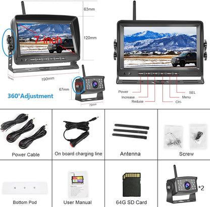 Hodozzy Digitale achteruitrijcamera, draadloos, video-opname, IPS-monitor 7 inch, AHD, 2 camera's, SD-kaart, waterdicht, nachtzicht, auto