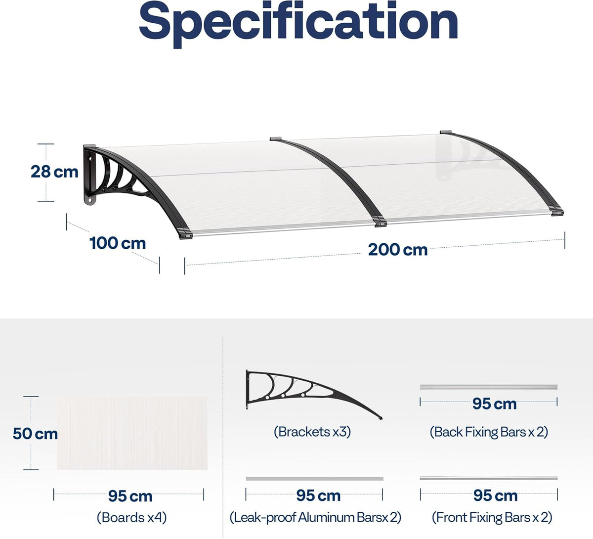 VIVOHOME 200×100 cm Luifel voor Voordeur Raam Luifel Polycarbonaat Gesplitste Overkapping Transparant met Zwarte Houder voor Zonwering en Regenbescherming