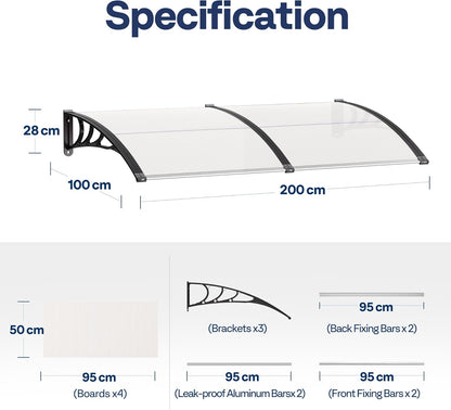 VIVOHOME 200×100 cm Luifel voor Voordeur Raam Luifel Polycarbonaat Gesplitste Overkapping Transparant met Zwarte Houder voor Zonwering en Regenbescherming