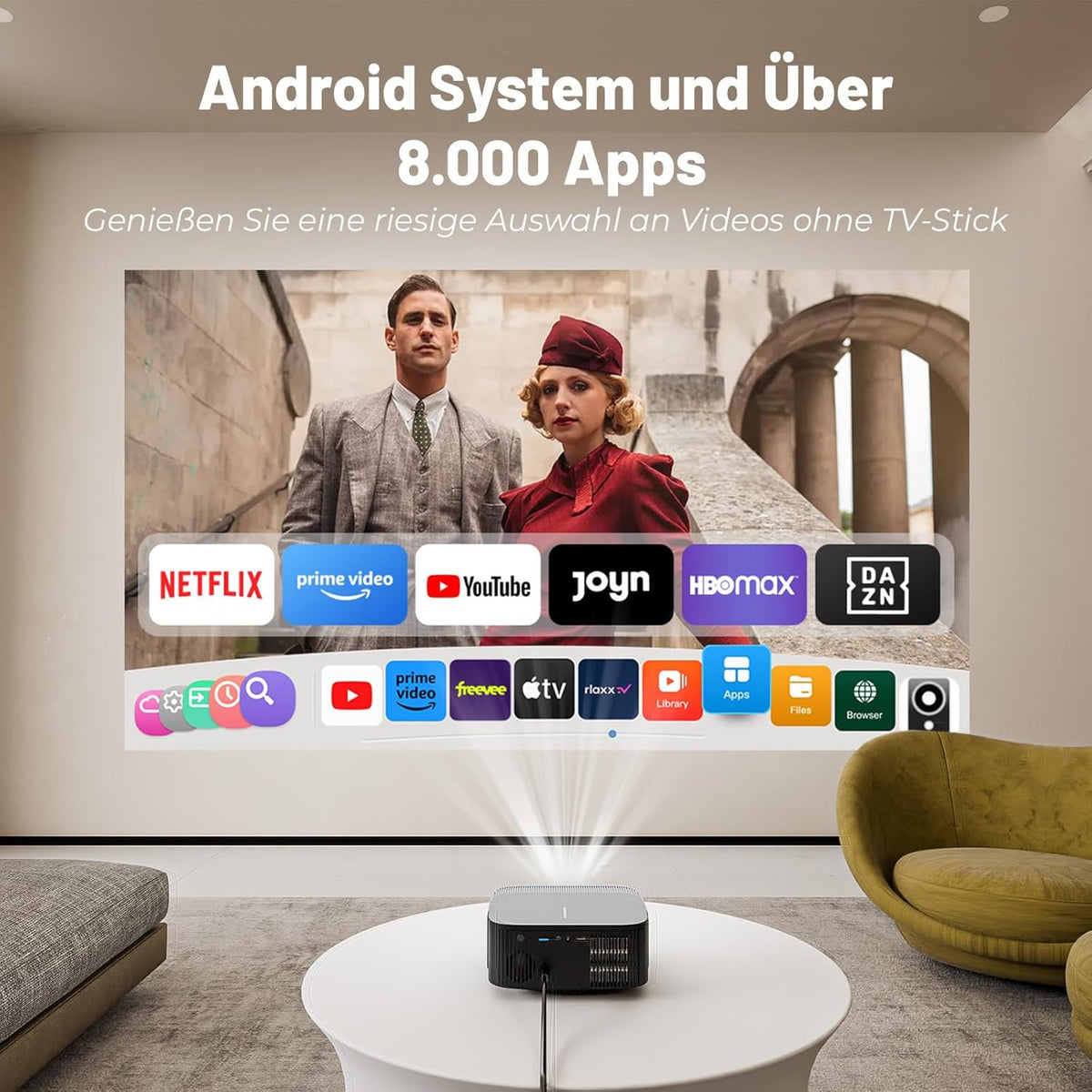 Beamer 4K Official Netflix & Remote Focus/trapeziumcorrectie, 25000 lumen, 4K thuisbioscoop, ondersteunt wifi, Bluetooth smart projector, Full HD 1080P, videoprojector Android met YouTube/Prime Video