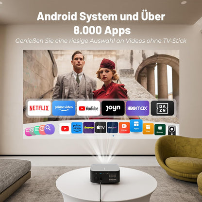 Beamer 4K Official Netflix & Remote Focus/trapeziumcorrectie, 25000 lumen, 4K thuisbioscoop, ondersteunt wifi, Bluetooth smart projector, Full HD 1080P, videoprojector Android met YouTube/Prime Video