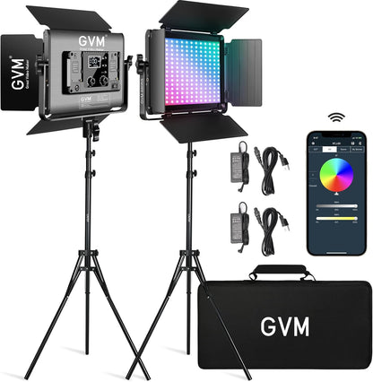 RGB LED-videolamp set van 2 met statieven – LED videolicht – Studiolamp – Fotolamp – Continu licht – 60 W per lamp – Bluetooth app-bediening