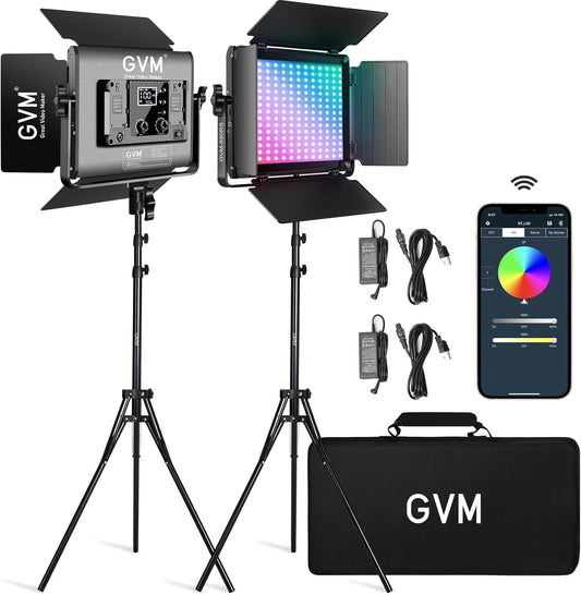 RGB LED-videolamp set van 2 met statieven – LED videolicht – Studiolamp – Fotolamp – Continu licht – 60 W per lamp – Bluetooth app-bediening