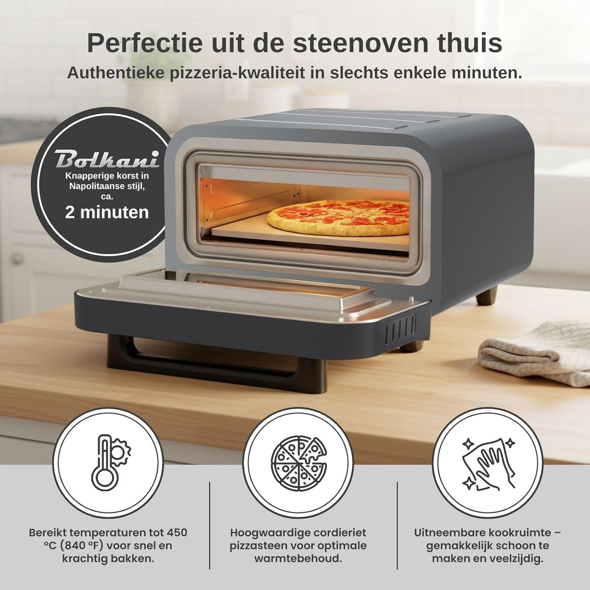 Elektrische pizzaoven met pizzasteen en pizzaschep – 450 °C voor knapperige steenovenpizza in 2 minuten – 1700 W, timer, binnenverlichting en kijkvenster – professionele pizzamaker. (GRIJS)