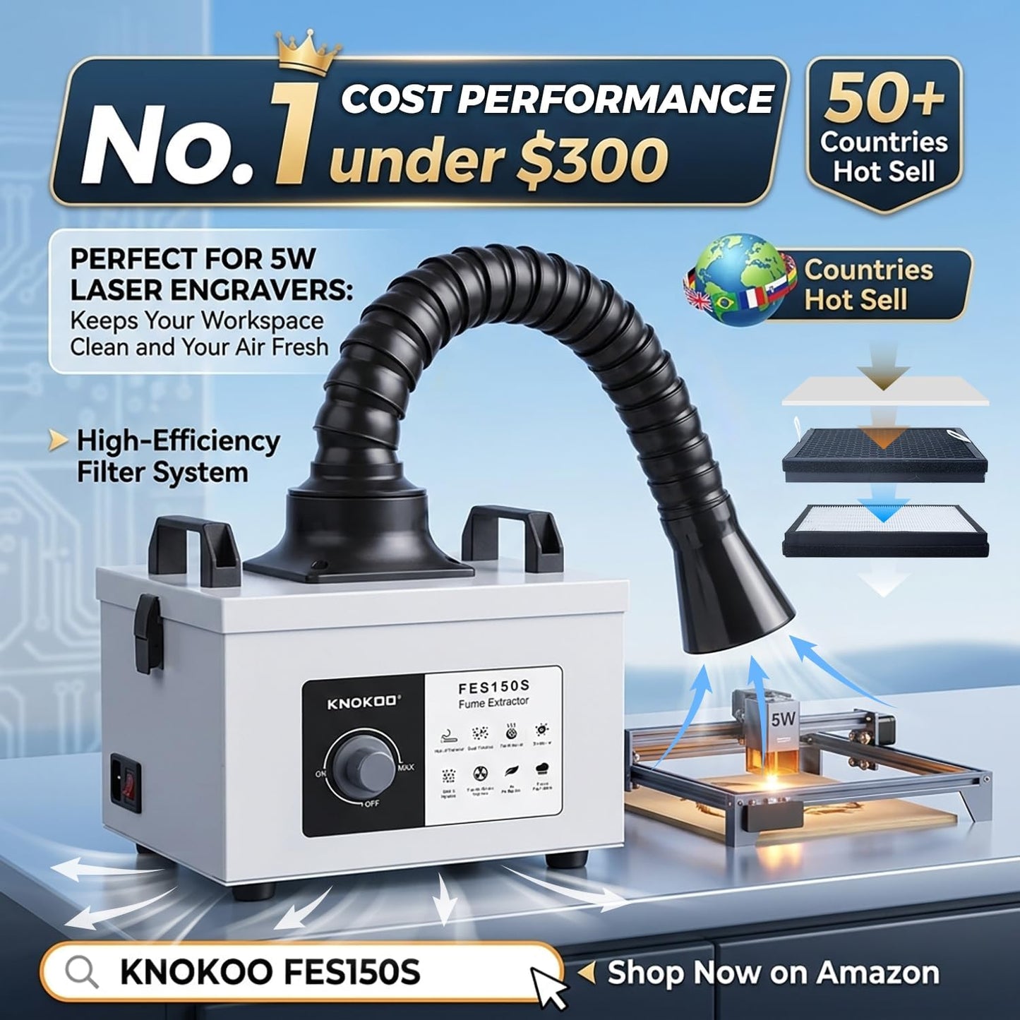 100W Laser Gelast Rook extractor, FES150S Sterke Zuigkracht 200m ³ / h Tertiaire Filters, Lassen 5-25 Rook Purifier 10W, Laser Gesneden en Telefonische Onderhoud Lassen Filter