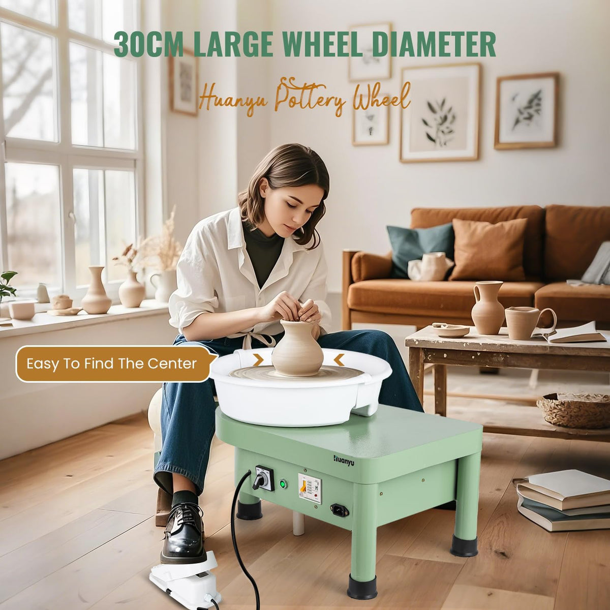 Pottenbakkerschijf – Draaischijf – Keramiekschijf – Klei Draaitafel – Boetseerschijf – 30 cm Draaiplateau – Elektrische Voetpedaalbediening – 350W Motor – Complete Pottenbakkersset – Groen - QUORE