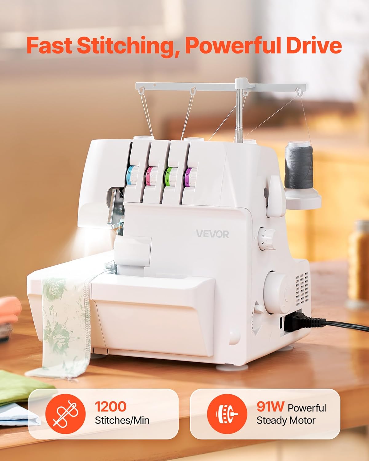 VEVOR Serger Overlock naaimachine, 1250 steken per minuut, 2-3-4 draadvermogen, 0,7-2 instelbare differentiële voeding, met vrije arm en ledlicht, naaimachine voor verschillende stoffen, wit