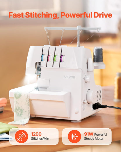 VEVOR Serger Overlock naaimachine, 1250 steken per minuut, 2-3-4 draadvermogen, 0,7-2 instelbare differentiële voeding, met vrije arm en ledlicht, naaimachine voor verschillende stoffen, wit
