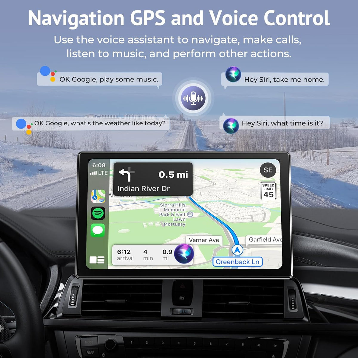 CarPlay Draagbaar autoscherm, IPS HD, 9 inch, draadloos CarPlay en Android Auto Touchscreen met SuperLink camera, 4K achteruitrijcamera, 1080p gesp opname