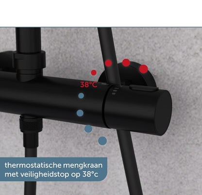Douche Systeem – Douche Set – Douchekolom – Regendouche – Thermostaatkraan – Mat Zwart – Regendouchekop 25 cm – Verstelbare Handdouche