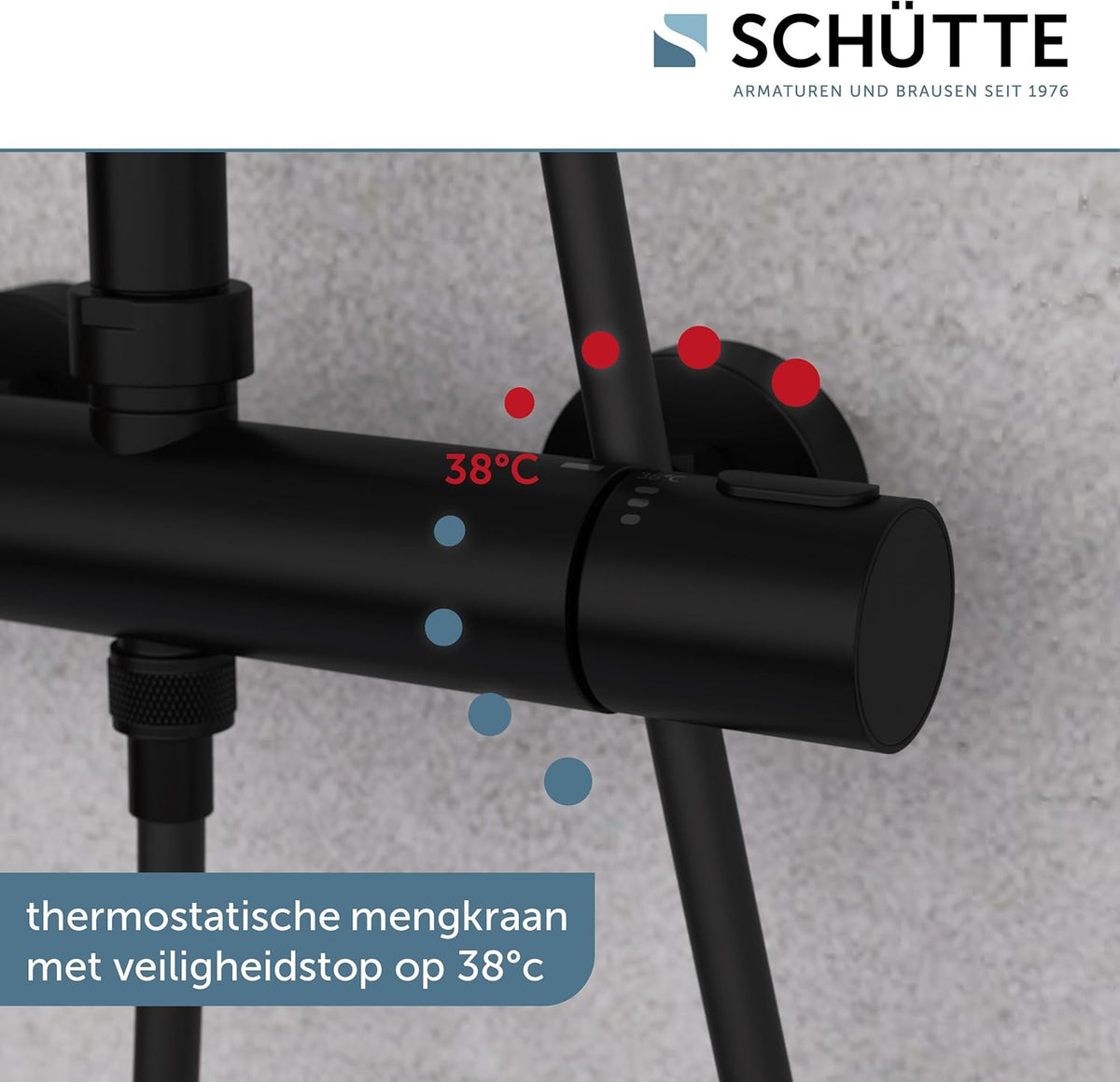 SCHÜTTE AQUADUCT Douchesysteem met thermostaat, doucheset met grote regendouche (diameter 25 cm) en verstelbare handdouche, doucheset met douchestang, douche met kraan, douchezuil, douchepaneel, zwart