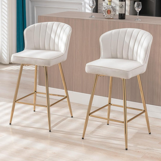 chairus Breakfast Bar Stools Set of 2 Kitchen Sink Stools, Modern Velvet Bar Chairs with Metal Legs, Beige - QUORE