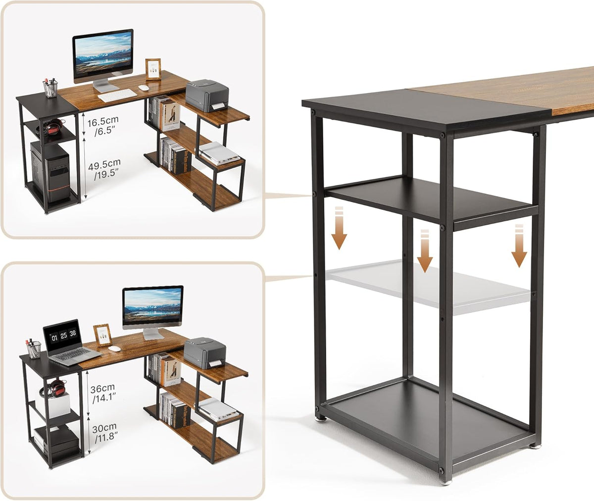 Mondeer L-vormig computerbureau, hoekbureau, 360° draaibare planken en verstelbare opbergplanken, ruimtebesparend voor thuiskantoor, studio-werkstation, rustiek bruin en zwart