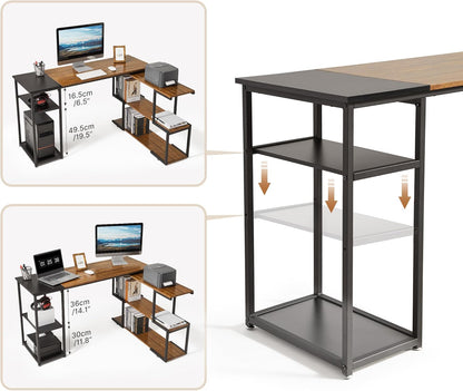 Mondeer L-vormig computerbureau, hoekbureau, 360° draaibare planken en verstelbare opbergplanken, ruimtebesparend voor thuiskantoor, studio-werkstation, rustiek bruin en zwart