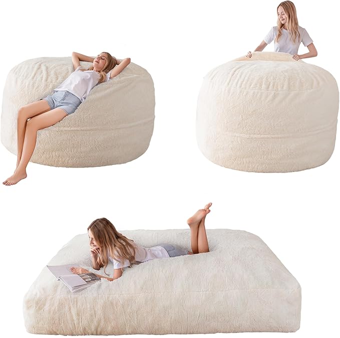 MAXYOYO Zitzak-bed – omzetbaar van zitzak-stoel naar bed – schuimstof-sofa met pluizige hoes en zachte vulling voor volwassenen, tieners, gasten (beige, 150 x 200 cm)