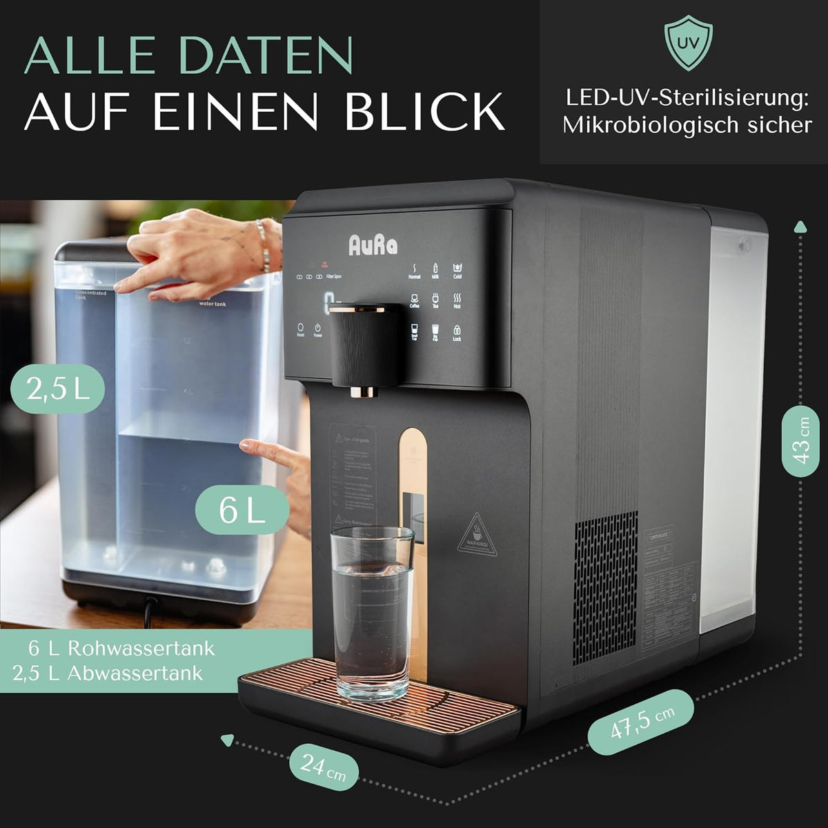 AuRa Osmosis Plant Drinking Water [6L] - Pure Water Filter Hot Water Dispenser & Hydrogen Water Dispenser, Reverse Osmosis System with Tank | Osmosis Water Dispenser for Home or - QUORE