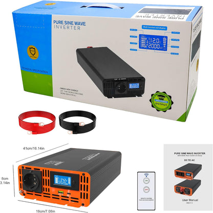 DATOUBOSS Omvormer 24v 230v Pure Sine 2000W Afstandsbediening Spanningsomvormer Pure Sine met 1 EU stopcontact USB & Type-c & LCD Display