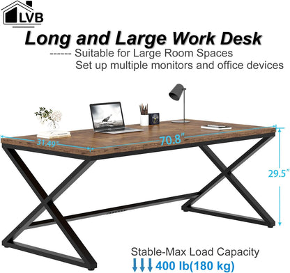 LVB Rustiek Groot Thuiskantoor 70.8” Lang en Breed Computerbureau, Houten Metalen Werkbureau voor Studie Schrijven Gamen, Boerderij Dubbele Monitor Werkstation Directie Computer Tafel, Rustiek Bruin